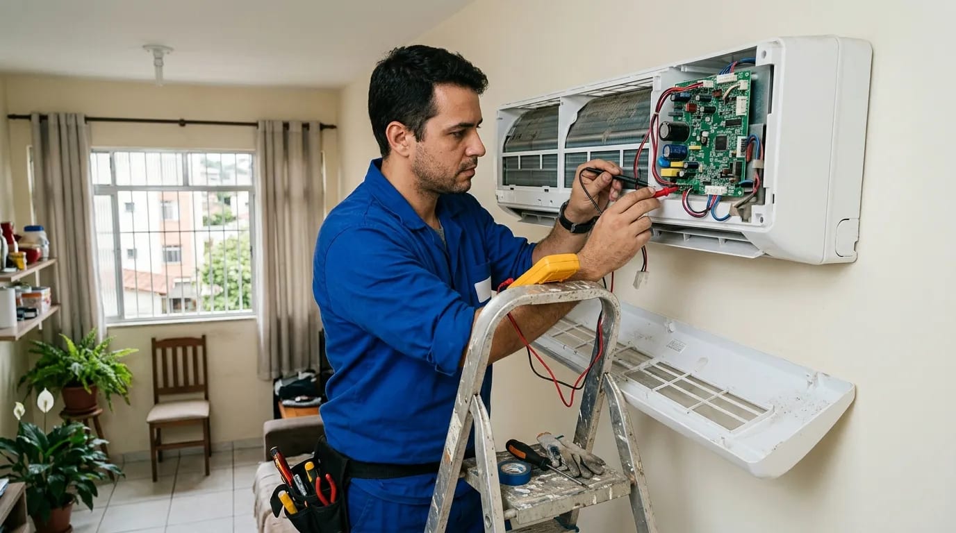 Eletricista ligando a placa do ar-condicionado split em Salvador‑BA
